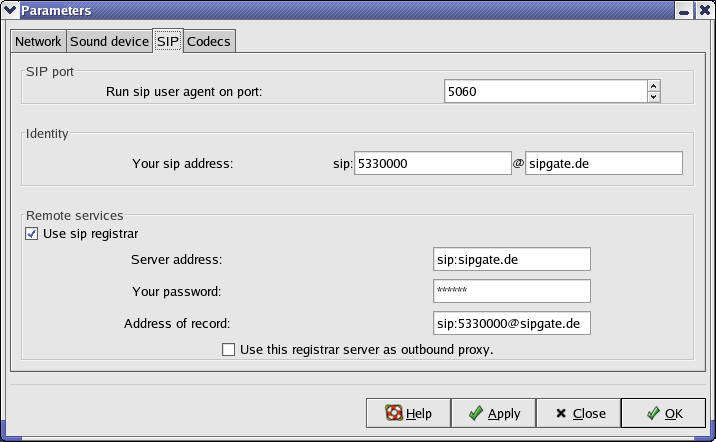 Parms-Dialog: SIP port 5060, Identity sip:5330000@sipgate.de, Use sip registrar, server address sip:sipgate.de,password,address of record sip:5330000@sipgate.de,don't use registrar server as outbound proxy